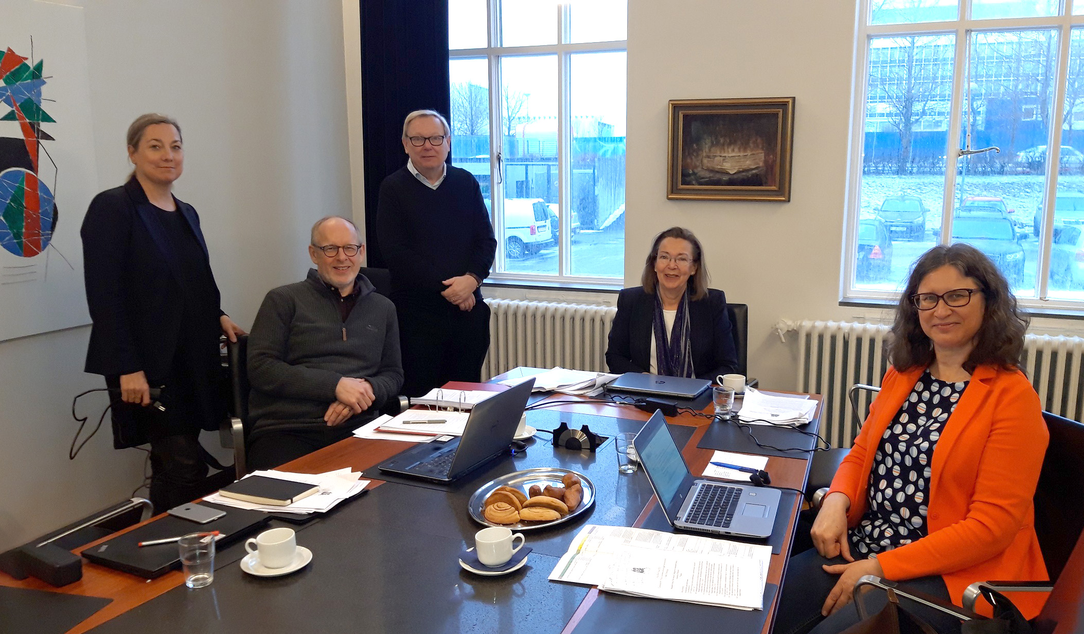 Nils Klim-komitéen i arbeid, 21. januar, ved Háskoli Islands. Frå venstre: Dorthe Staunæs, Ástráður Eysteinsson, Lars Magnusson, Tone Sverdrup og Auli Vähäkangas. Foto: Hjørdis Maria Longva