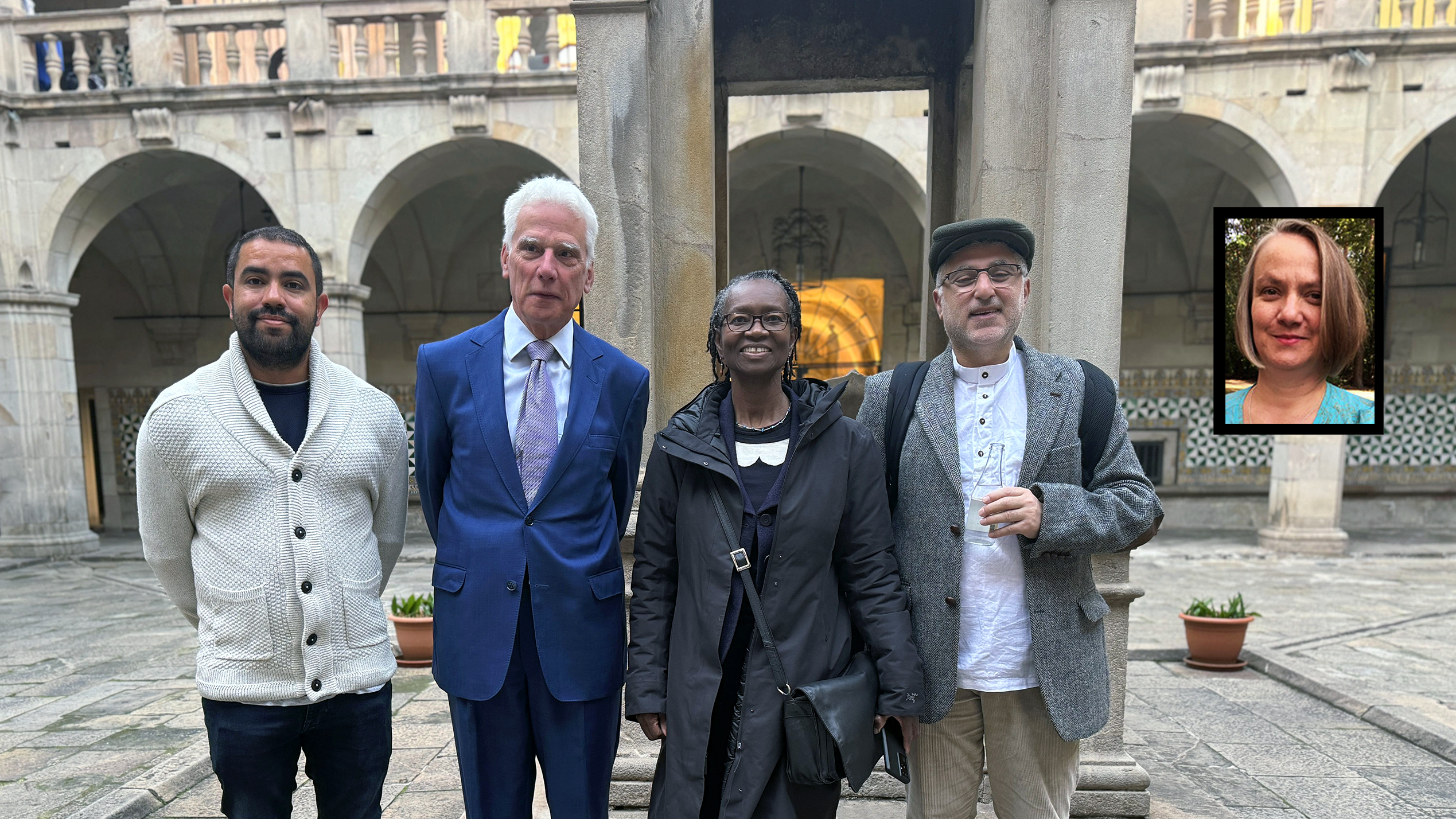 The Holberg Committee. From the left: Ryan Nefdt, Jean Grondin, Ann Phoenix, Sari Hanafi, and Acting Committee Chair Heike Krieger (inserted).