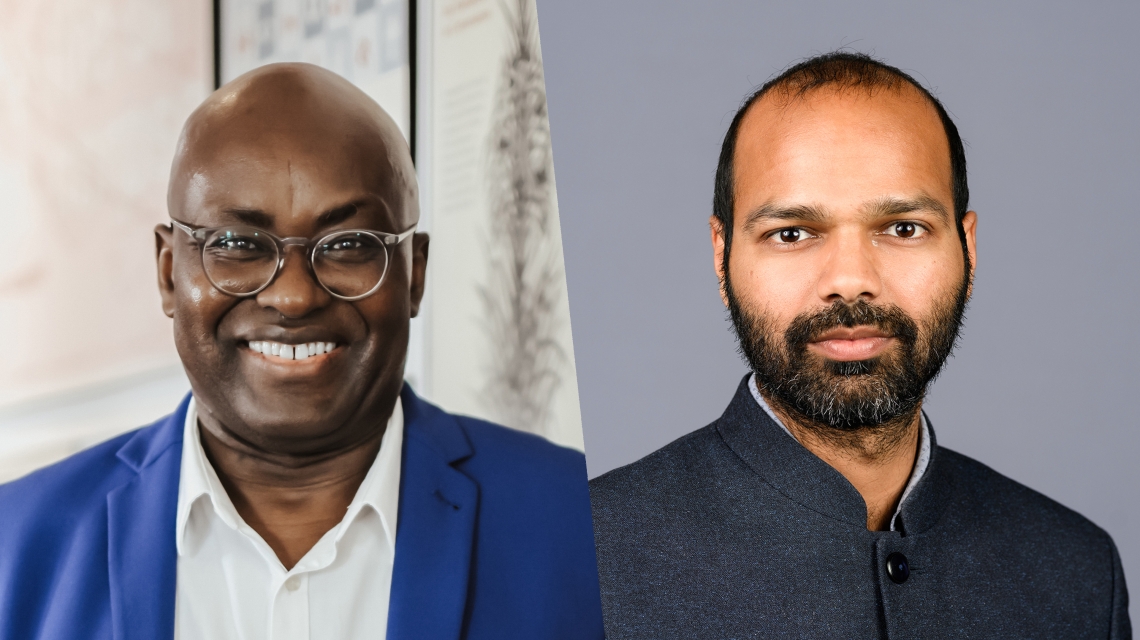 Holbergprisen går i år til Achille Mbembe (t.v.), og Nils Klim-prisen går til Siddharth Sareen (t.h.). (Foto:  Chanté Schatz, University of the Witwatersrand / Trygve Tollefsen, Akademiet for yngre forskere.)