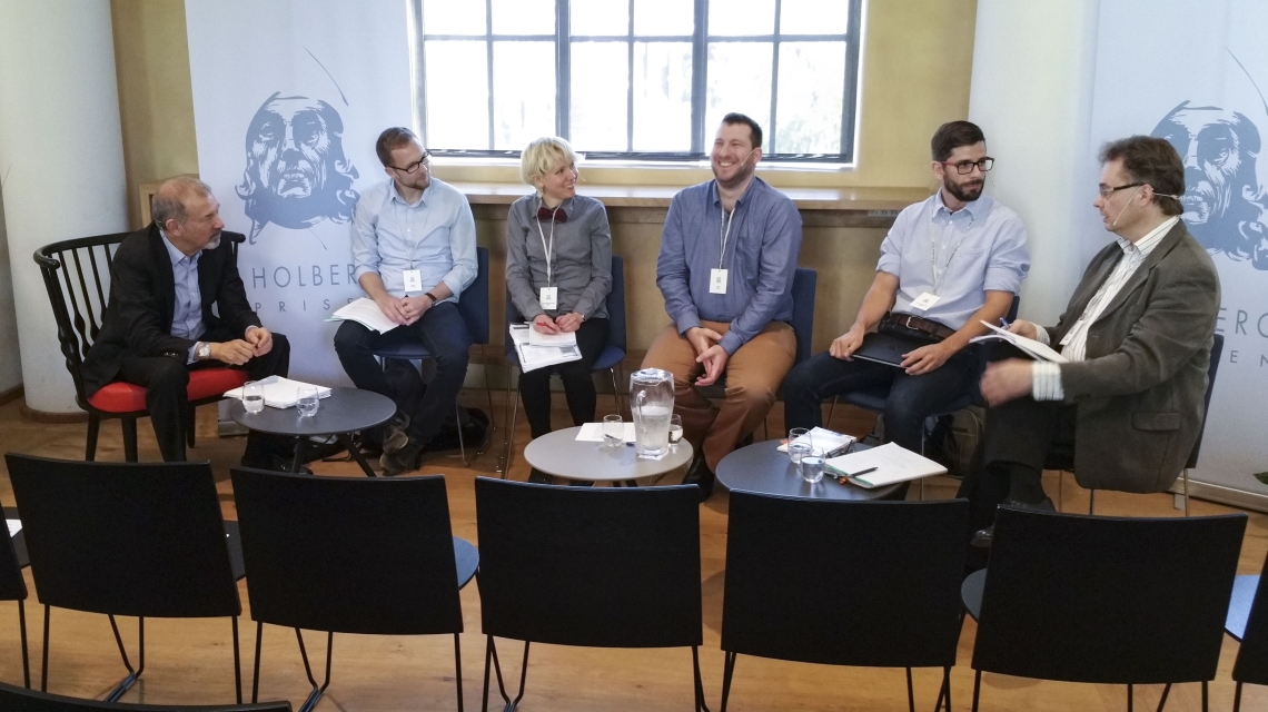 Mesterklasse 2016. Fra venstre: Stephen Greenblatt, Mark Friis Hau, Godeline Gertrude Perk, Yoav Tirosh, Carlos Hernández Garcés og Panu Heimonen. Foto: Ole Sandmo/Holbergprisen